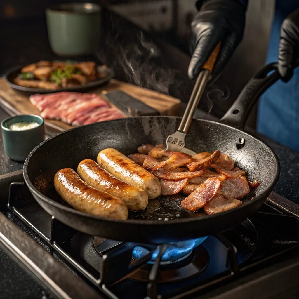 Irish breakfast sausages and bacon sizzling in cast iron skillet during cooking process