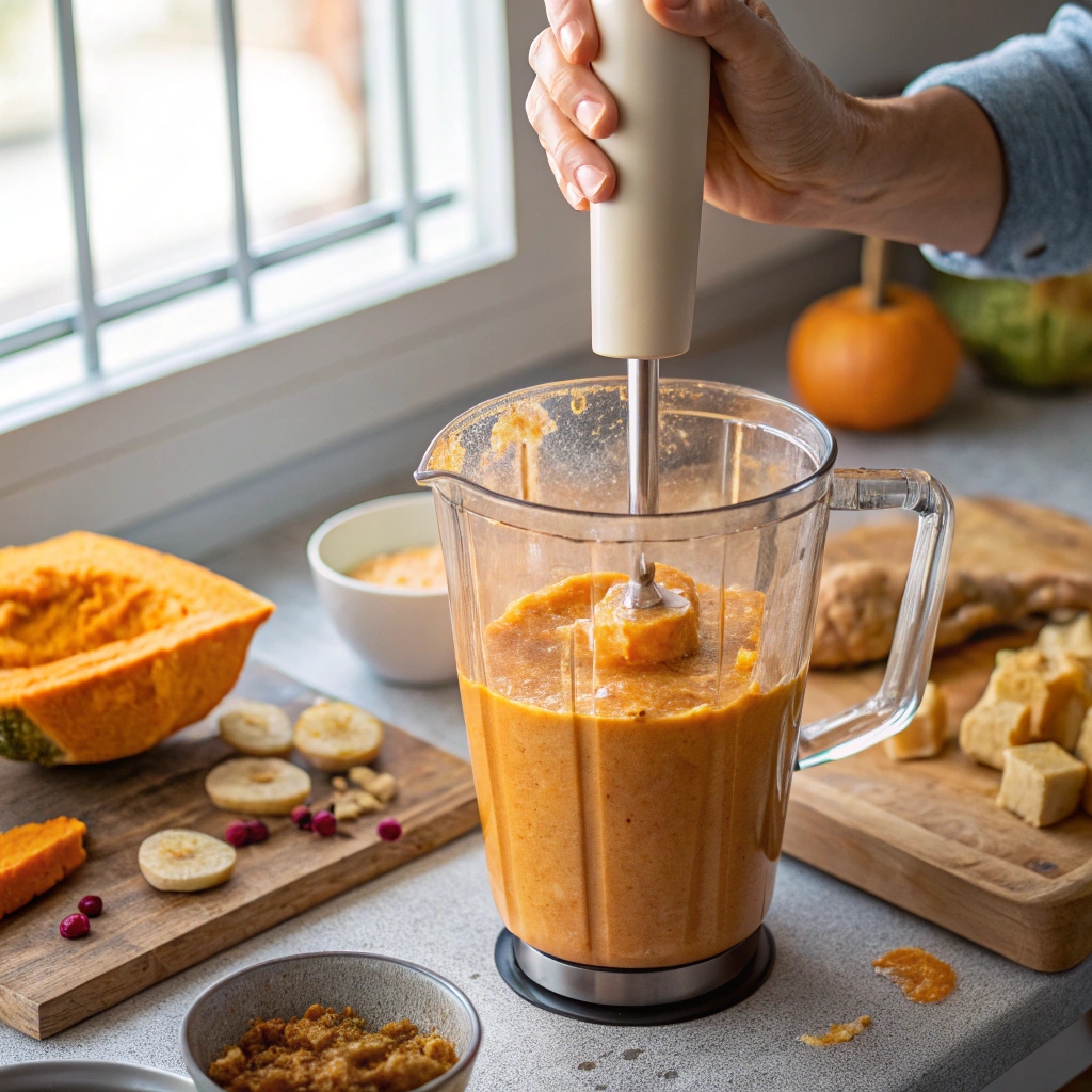 Hands blending pumpkin nice cream in blender showing smooth creamy texture forming from frozen bananas