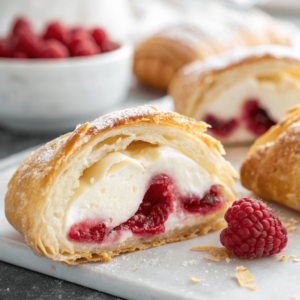 Close-up of raspberry cream cheese puff pastry showing creamy filling and flaky layers