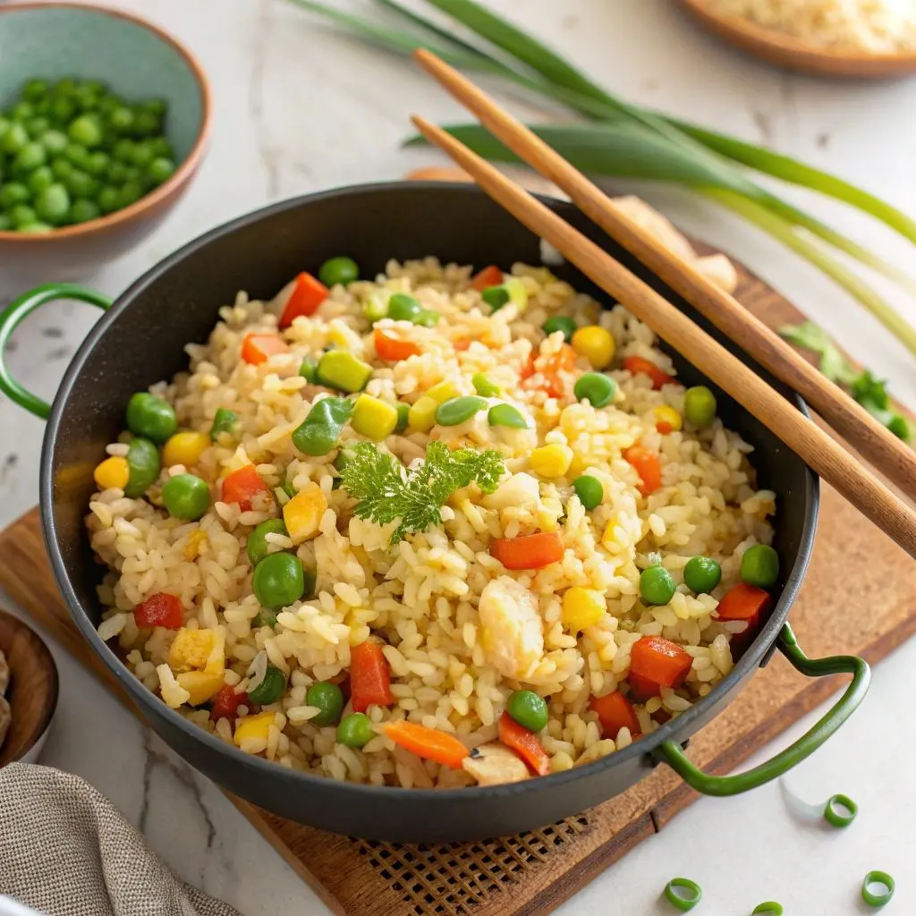 Veggie-packed egg fried rice with colorful vegetables in wok