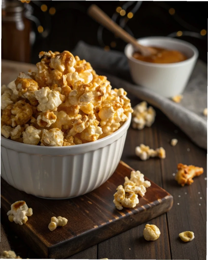 Bowl of homemade golden caramel popcorn with glossy butter coating on rustic wooden table