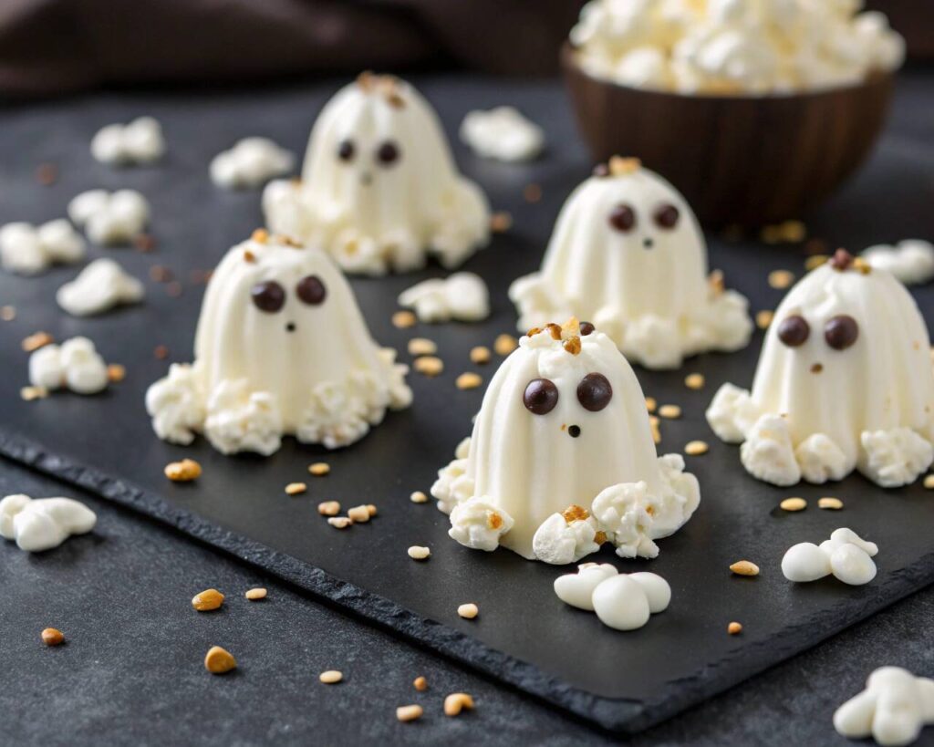 White chocolate ghost popcorn with chocolate chip eyes for Halloween parties