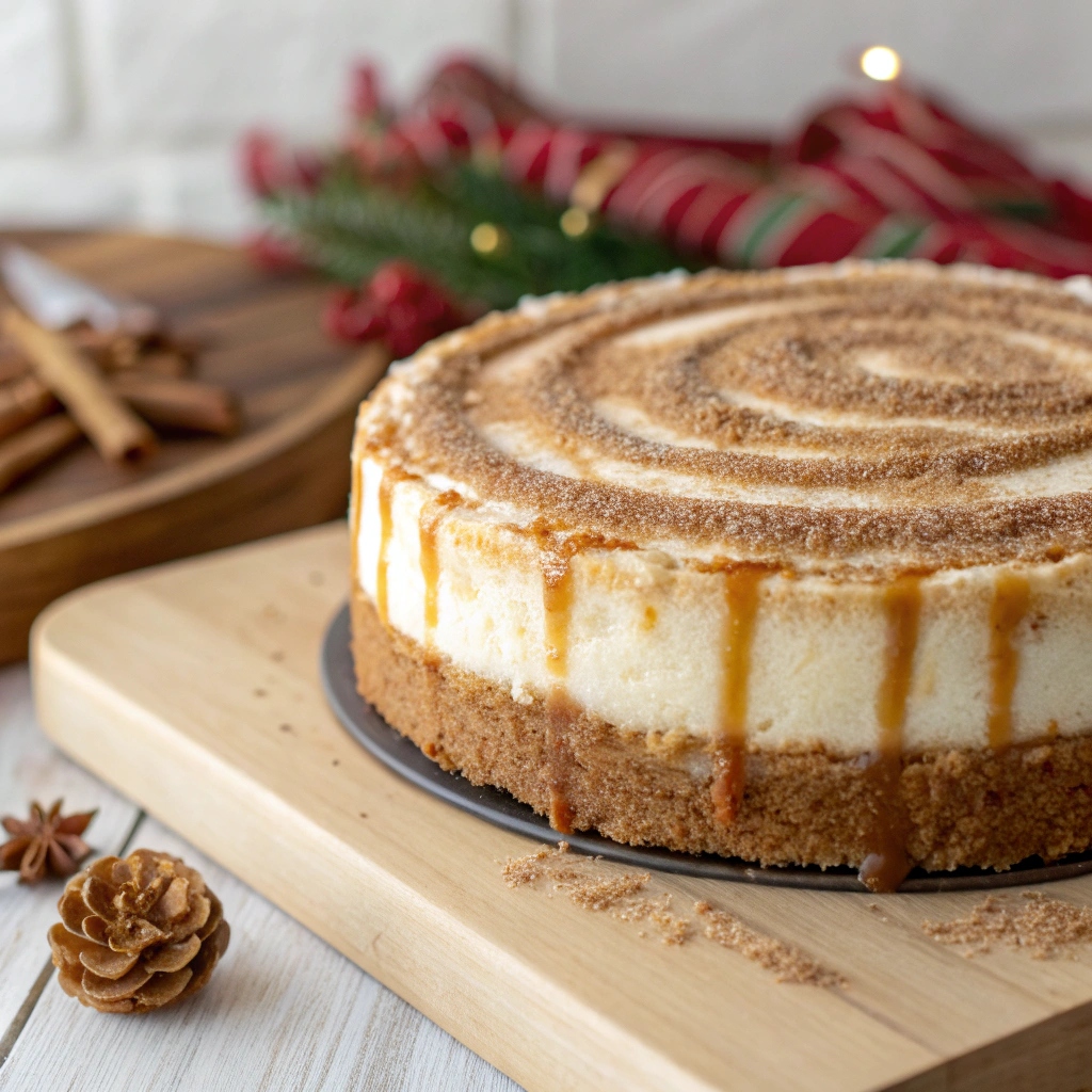 Close‑up view of churro cheesecake with cinnamon sugar crust and caramel drizzle