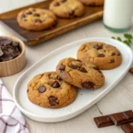 Thick homemade Crumbl-style chocolate chip cookies on marble counter showing soft gooey centers