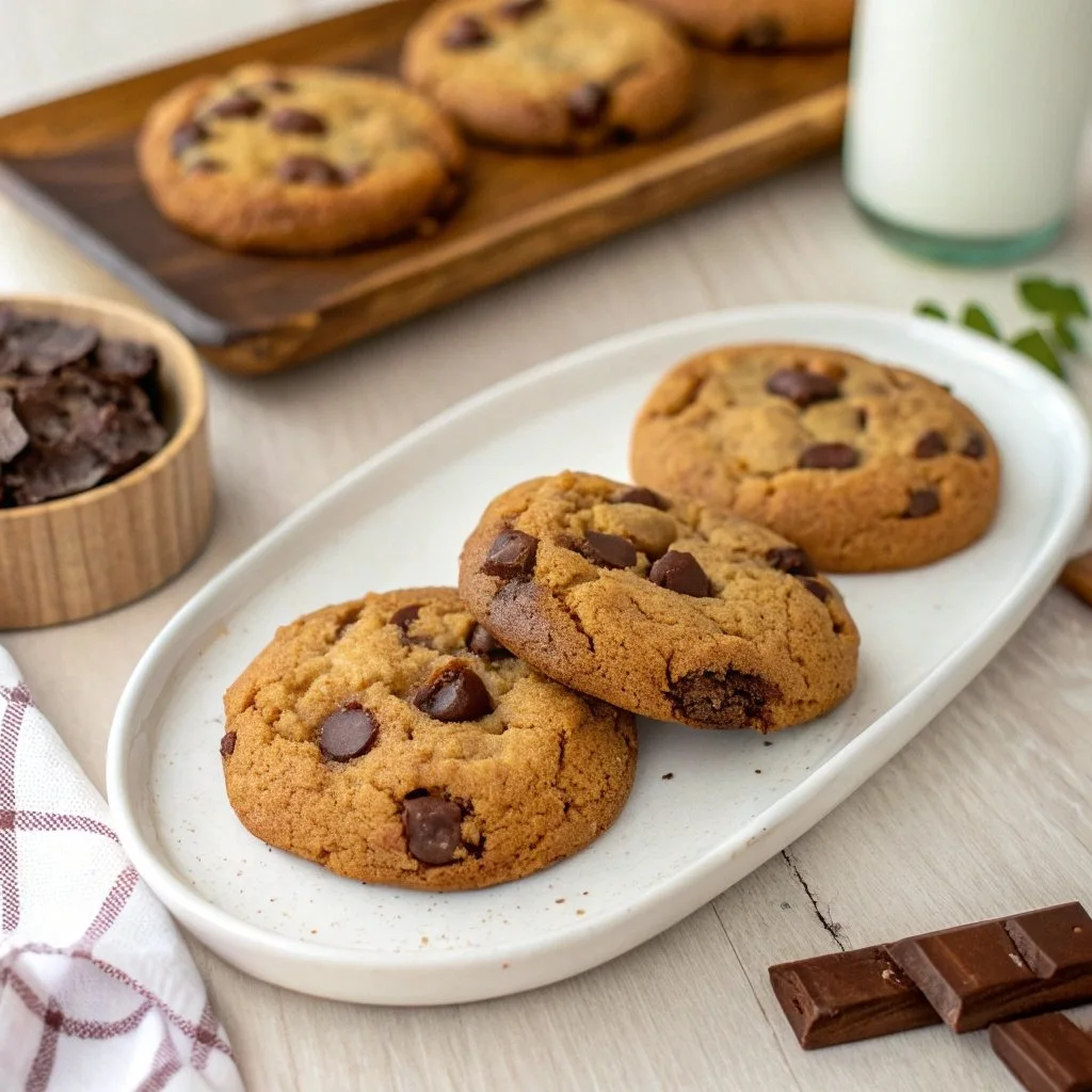Thick homemade Crumbl-style chocolate chip cookies on marble counter showing soft gooey centers