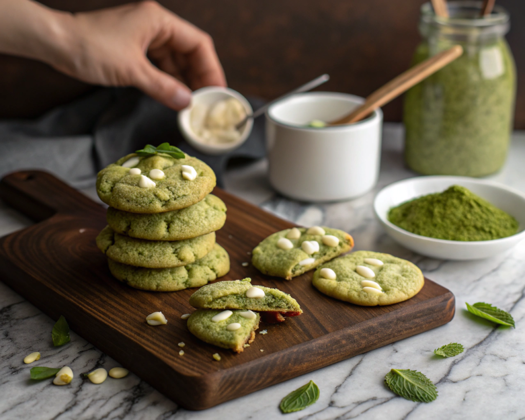Matcha white chocolate cookies on dark wood board, pale green with white chips, hand reaching for cookie, tea nearby
