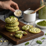 Matcha white chocolate cookies on dark wood board, pale green with white chips, hand reaching for cookie, tea nearby