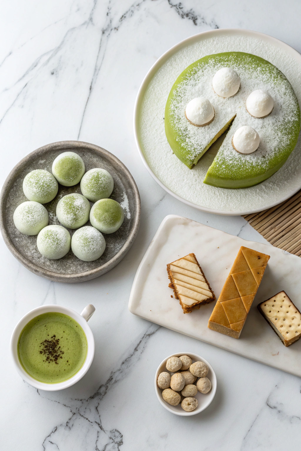 Japanese desserts collection including matcha mochi, soufflé cheesecake, cookies, and traditional sweets on marble surface