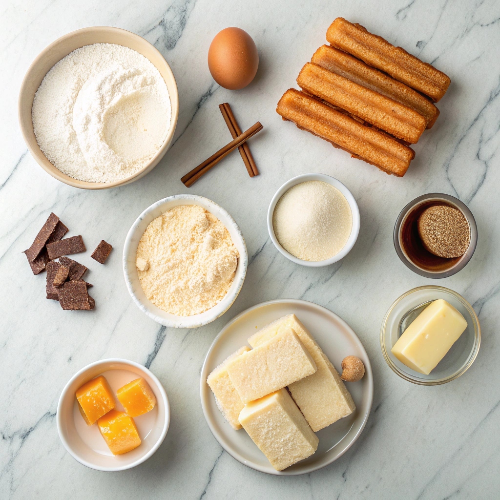 Flat lay of cream cheese, cinnamon, sugar, butter, and crescent dough for churro cheesecake