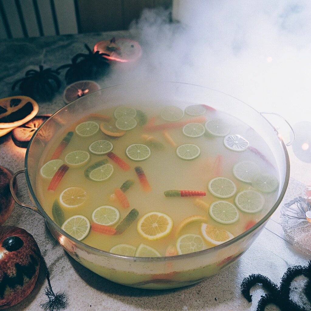 Witches' brew punch with dry ice fog and gummy worms for Halloween parties