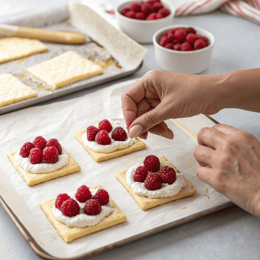 Step by step assembly of raspberry cream cheese puff pastries