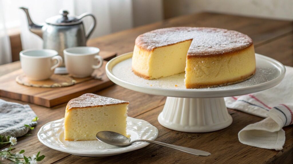 Golden Japanese soufflé cheesecake on white stand showing signature jiggle, dusted with powdered sugar, slice removed
