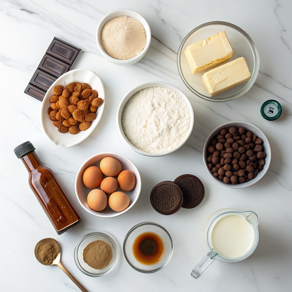 Overhead view of stuffed cookie ingredients including flour butter sugar eggs chocolate chips Nutella Oreos on marble counter
