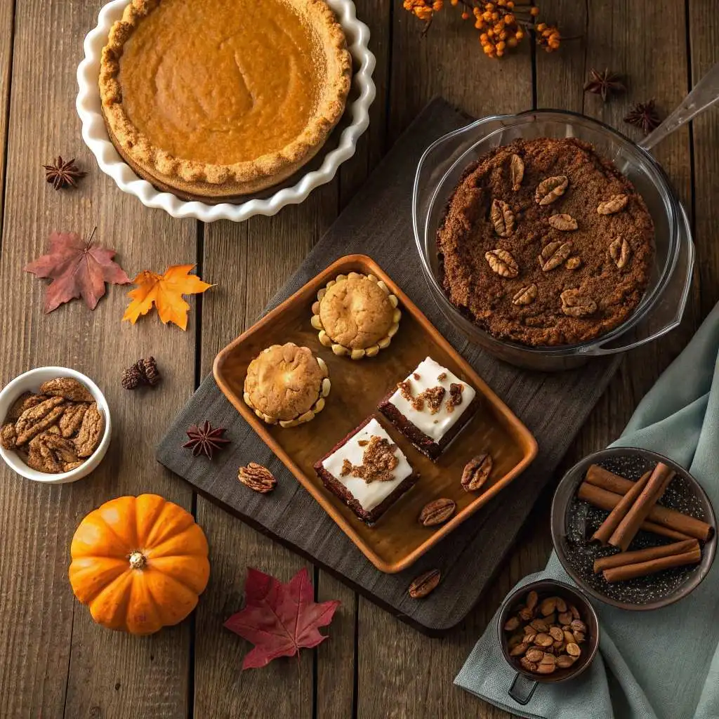 Collection of easy Thanksgiving desserts including pies, crisps, and parfaits on wooden table