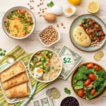 Multiple cheap healthy dinner meals on table showing budget-friendly family recipes under $2 per serving