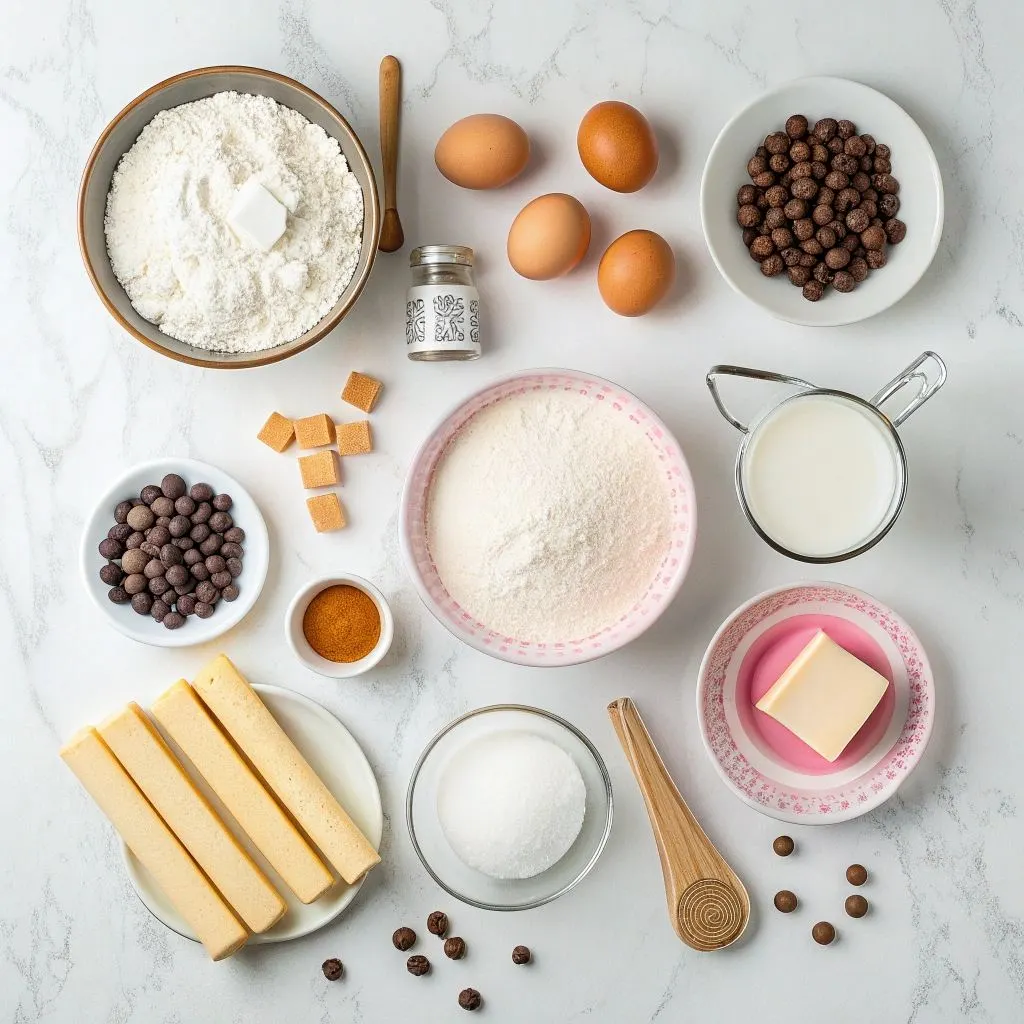All ingredients for homemade Crumbl cookies laid out including flour, butter, sugar, eggs, and chocolate chips