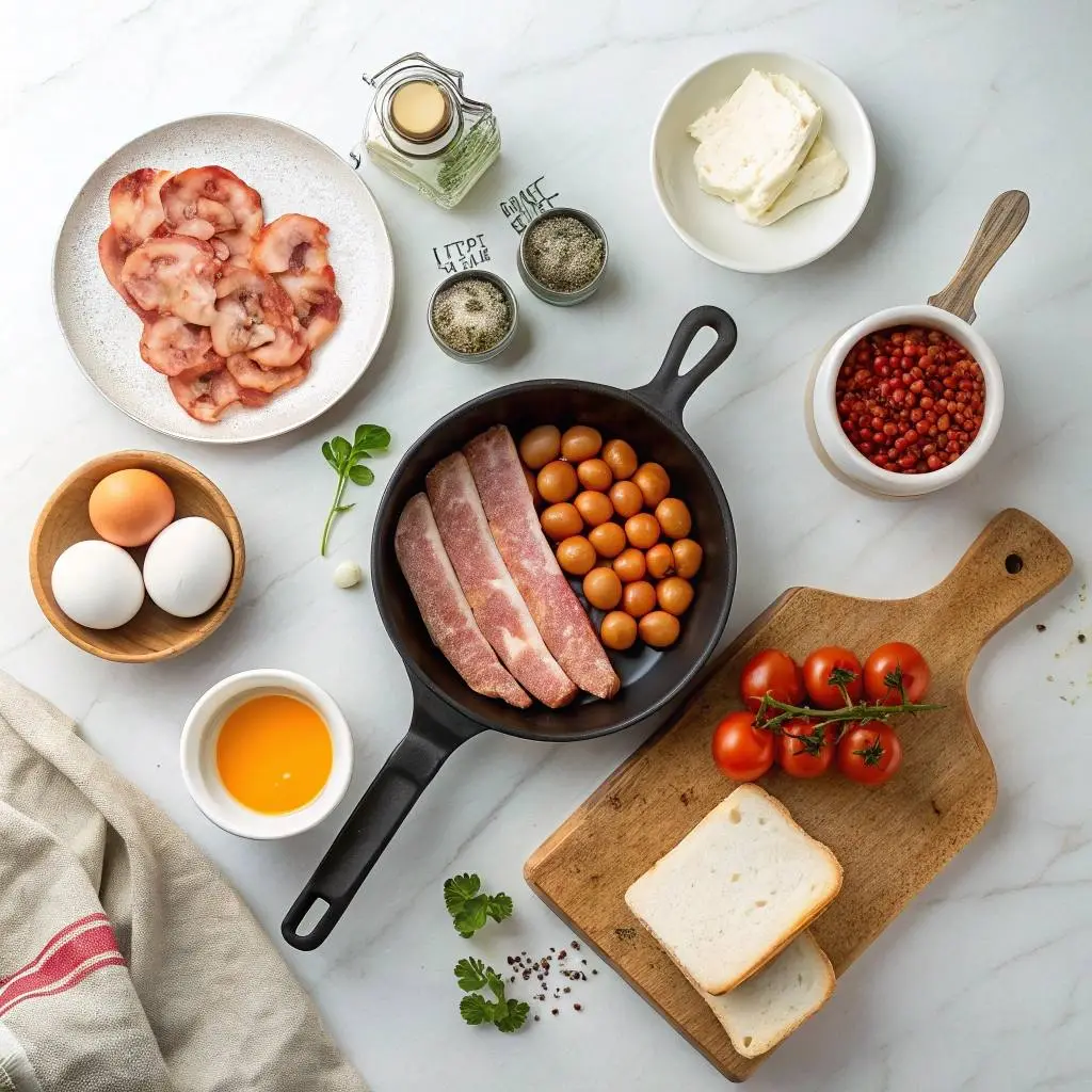 All ingredients for Irish breakfast recipe laid out including bacon, sausages, eggs, pudding, beans, tomatoes, and mushrooms"