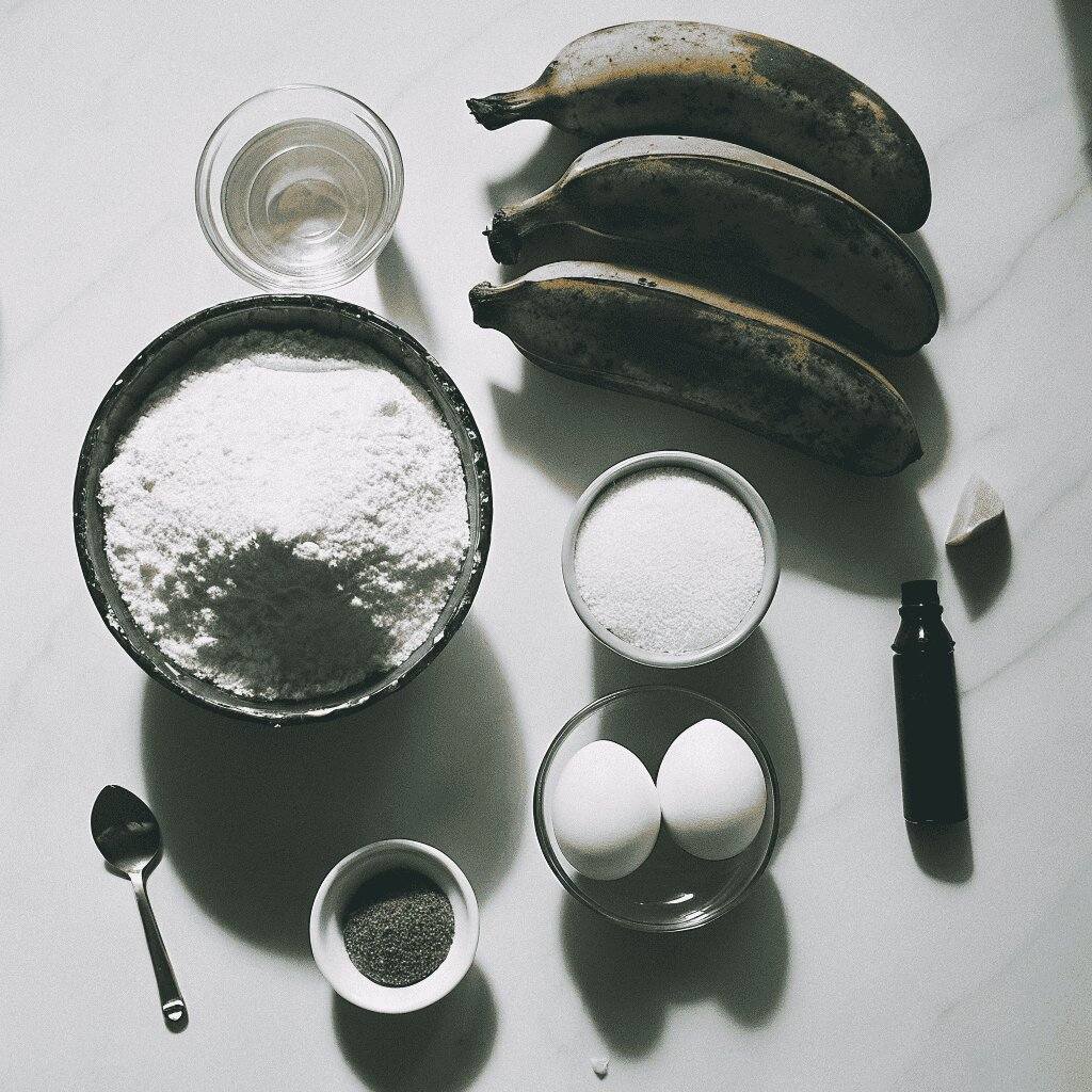 All ingredients needed for homemade banana bread laid out on white marble including bananas, butter, eggs, flour, and spices