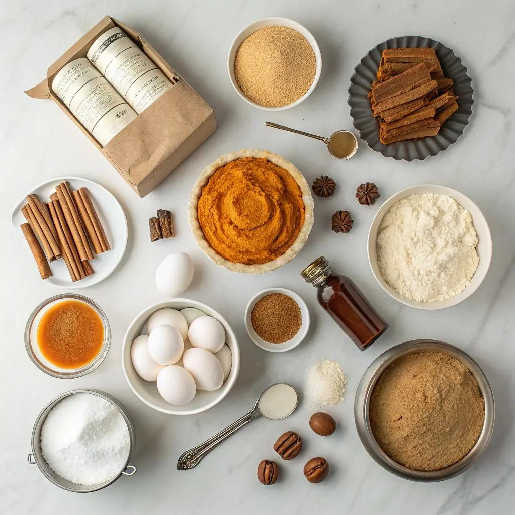 Common pantry ingredients needed for easy Thanksgiving desserts laid out on marble counter