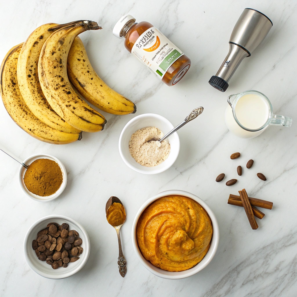 Simple ingredients for pumpkin nice cream laid out including ripe bananas, pumpkin puree, and spices