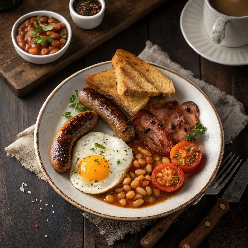 Complete traditional Irish breakfast on white plate with bacon, sausages, eggs, black pudding, beans, mushrooms, and toast