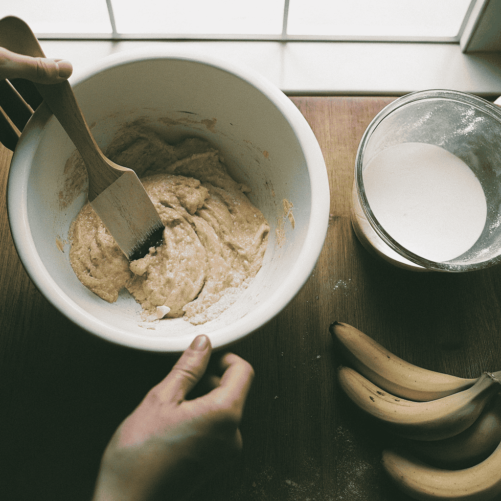 Hands mixing banana bread batter in white bowl showing creamy texture with banana pieces