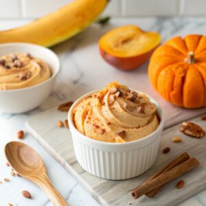 Creamy pumpkin nice cream in bowl made with frozen bananas showing smooth soft-serve texture