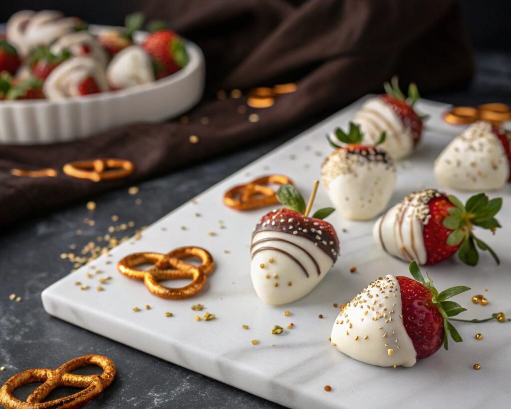 White chocolate vampire strawberries with pretzel fangs for elegant Halloween treats