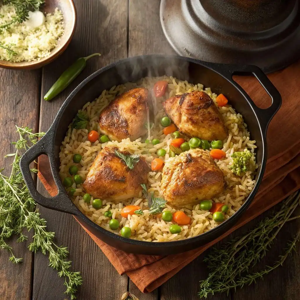 One-pot chicken and rice dinner with vegetables in cast iron pot"