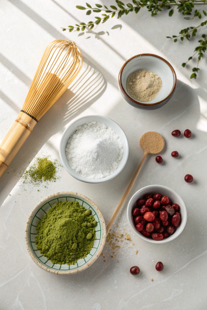 Japanese dessert ingredients including matcha powder, mochiko rice flour, sugar, and red bean paste on white surface

