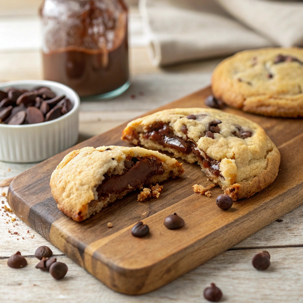 Chocolate chip stuffed cookie broken in half showing gooey Nutella center oozing out on wooden board
