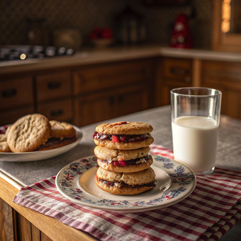  Stack of homemade stuffed chocolate chip cookies with glass of milk on kitchen counter