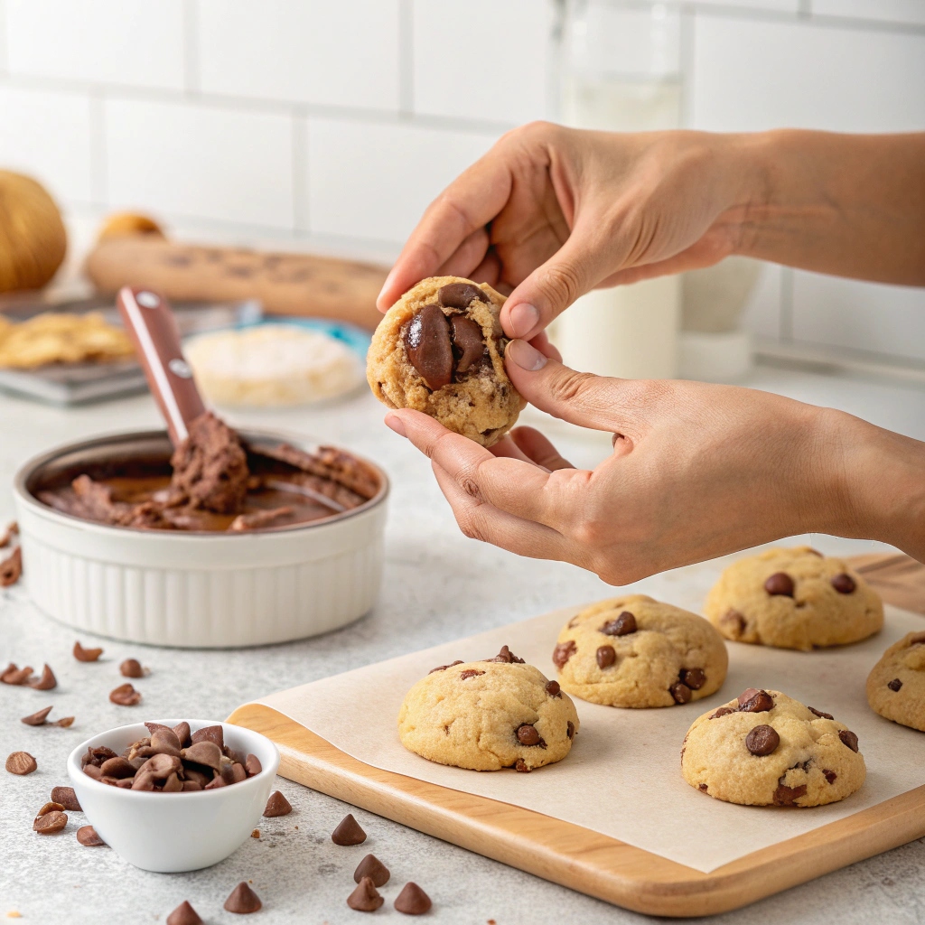 Hands demonstrating how to stuff cookie dough with Nutella filling for homemade stuffed chocolate chip cookies

