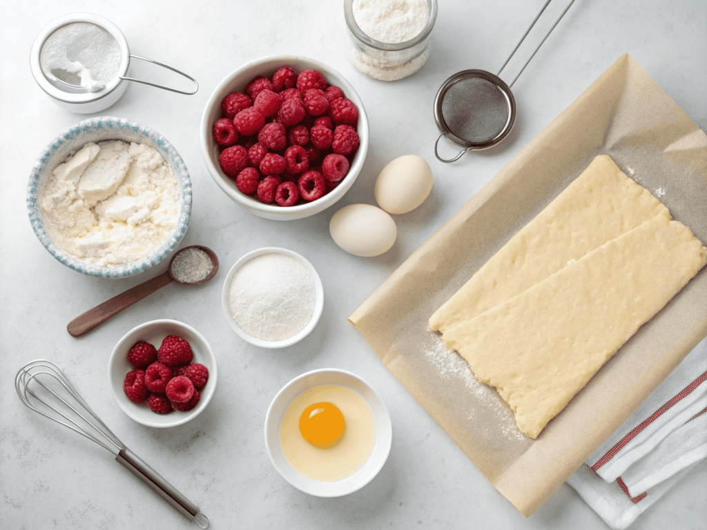 Ingredients needed for raspberry cream cheese puff pastry recipe laid out on counter