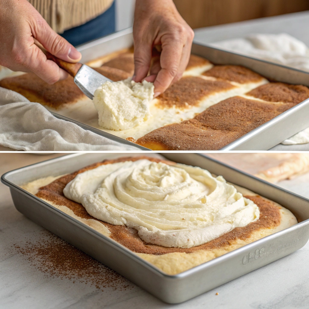 Hands layering cheesecake mixture onto dough and dusting cinnamon sugar

