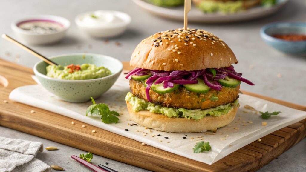 Edamame ginger veggie burger light green color on brioche bun spicy mayo pickled cucumber purple cabbage cilantro Asian fusion style