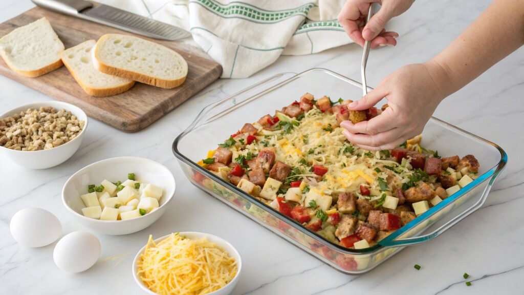 Breakfast casserole being assembled in glass dish layering bread sausage vegetables cheese hands sprinkling ingredients counter