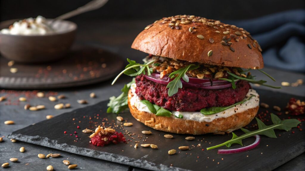 Beet lentil veggie burger deep red color bleeding effect cut in half goat cheese arugula caramelized onions dramatic presentation

BURGER #7: ASIAN-INSPIRED EDAMAME-GINGER BURGER
Recraft Photo Prompt
Professional food photography of edamame-ginger veggie burger on brioche bun, shot at 45-degree angle. Light green patty with visible edamame texture, sesame seed coating on exterior, golden-brown pan-seared. Topped with spicy mayo (white with red sriracha swirls), pickled cucumber ribbons, shredded purple cabbage, fresh cilantro, sliced jalapeños, black sesame seeds sprinkled. Soft brioche bun. Asian-style plate with chopsticks beside burger and small bowl of extra spicy mayo. Clean modern table with bamboo placemat. Bright Asian fusion restaurant lighting. Fresh, colorful, modern aesthetic. Ultra-realistic, vibrant, 8K quality. --ar 16:9 --style raw --v 6
Image Specifications
Image Title: Asian-Edamame-Ginger-Veggie-Burger-Spicy-Mayo-Pickled-Cucumbers-Sesame
SEO Description (155 characters):
Asian-inspired edamame-ginger burger with spicy mayo, pickled cucumbers, purple cabbage, and sesame seeds. Fresh fusion veggie burger with ginger zing!
Alt Text (125 characters):
Edamame ginger veggie burger light green color on brioche bun spicy mayo pickled cucumber purple cabbage cilantro Asian fusion style

BURGER #8: QUINOA-SPINACH GREEK BURGER
Recraft Photo Prompt
Professional food photography of quinoa-spinach Greek burger on whole wheat pita, shot at 45-degree angle. Light-colored patty with visible quinoa grains and green spinach flecks, sun-dried tomatoes visible, feta cheese crumbles throughout. Topped with thick tzatziki sauce, sliced cucumber, fresh tomato, red onion, kalamata olives, mixed greens. Warm pita bread (slightly puffy). White Greek-style plate with Greek salad side (cucumbers, tomatoes, olives, feta). Light Mediterranean table with blue and white checkered cloth. Sunny Greek island lighting. Fresh, herby, Mediterranean aesthetic. Ultra-realistic, bright, 8K quality. --ar 16:9 --style raw --v 6
Image Specifications
Image Title: Quinoa-Spinach-Greek-Veggie-Burger-Tzatziki-Feta-Olives-Mediterranean
SEO Description (154 characters):
Quinoa-spinach Greek burger with feta, tzatziki, sun-dried tomatoes, and olives on pita. Light, herby Mediterranean veggie burger full of flavor!
Alt Text (123 characters):
Quinoa spinach Greek veggie burger on pita with tzatziki feta cucumber tomato olives mixed greens Mediterranean Greek salad side

BURGER #9: BUFFALO CAULIFLOWER BURGER
Recraft Photo Prompt
Professional food photography of buffalo cauliflower veggie burger on brioche bun, shot at 45-degree angle. Orange-red colored patty showing cauliflower texture with visible buffalo sauce coating, some charred edges. Topped with crumbled blue cheese (or ranch dressing drizzle), shredded iceberg lettuce, celery sticks, dill pickle slices, extra buffalo sauce drizzled. Soft brioche bun. Plate with celery and carrot sticks on side, small bowl of ranch or blue cheese dressing. Sports bar aesthetic. Warm pub lighting. Spicy, tangy, wing-inspired aesthetic. Ultra-realistic, appetizing, 8K quality. --ar 16:9 --style raw --v 6
Image Specifications
Image Title: Buffalo-Cauliflower-Veggie-Burger-Blue-Cheese-Ranch-Spicy-Wing-Style
SEO Description (155 characters):
Buffalo cauliflower veggie burger with blue cheese, ranch dressing, and celery. Spicy, tangy plant-based burger inspired by buffalo wings - addictive!
Alt Text (125 characters):
Buffalo cauliflower veggie burger orange red color on brioche bun blue cheese ranch lettuce celery pickles spicy wing style buffalo sauce

BURGER #10: BREAKFAST VEGGIE BURGER
Recraft Photo Prompt
Professional food photography of breakfast veggie burger on English muffin, shot at 45-degree angle. Golden-brown hash brown patty (shredded potato base with veggies visible), crispy edges. Topped with perfectly fried egg (runny yolk visible, slightly broken and dripping), melted cheddar cheese, sliced avocado, salsa or hot sauce, fresh cilantro. Toasted English muffin. Breakfast plate with home fries or tater tots on side and small bowl of hot sauce. Bright morning kitchen lighting. Cozy breakfast diner aesthetic, morning meal mood. Ultra-realistic, breakfast-worthy, 8K quality. --ar 16:9 --style raw --v 6
Image Specifications
Image Title: Breakfast-Veggie-Burger-Hash-Brown-Fried-Egg-Avocado-English-Muffin
SEO Description (154 characters):
Breakfast veggie burger with hash brown patty, fried egg, cheddar, and avocado on English muffin. Perfect morning meal combining breakfast and burger!
Alt Text (124 characters):
Breakfast veggie burger hash brown patty fried egg runny yolk cheddar cheese avocado salsa English muffin home fries morning meal

BONUS: VEGGIE BURGER VARIETY PLATTER
Recraft Photo Prompt
Professional overhead food photography of veggie burger tasting platter on large wooden board, shot at 90-degree angle. Six different mini veggie burger sliders arranged in circular pattern, each cut in half to show interior. Clockwise: black bean (dark with beans visible), chickpea-quinoa (golden with grains), mushroom-walnut (brown meaty), sweet potato (orange), falafel-style (green herbs), beet-lentil (red bleeding). Each on mini brioche bun with different toppings. Center of board has small bowls of various sauces - chipotle mayo, tzatziki, tahini, spicy mayo, ranch. Scattered fresh herbs, vegetables around board. Natural bright overhead lighting. Colorful variety showcase, tasting menu aesthetic. Ultra-realistic, educational, 8K quality. --ar 1:1 --style raw --v 6
Image Specifications
Image Title: Veggie-Burger-Variety-Platter-Six-Different-Burgers-Tasting-Menu-Showcase
SEO Description (155 characters):
Veggie burger variety platter showing six different plant-based burgers: black bean, chickpea, mushroom, sweet potato, falafel, and beet-lentil styles!
Alt Text (125 characters):
Overhead veggie burger variety platter six different mini burgers cut in half showing interiors colorful sauces herbs wooden board tasting

Voilà! 11 prompts photos professionnels (10 burgers individuels + 1 platter de variété) avec pour chacun:
✅ Prompt Recraft détaillé (16:9 format, sauf platter en 1:1)
✅ Image Title SEO-optimisé
✅ SEO Description (150-155 caractères)
✅ Alt Text (120-125 caractères)
✅ Descriptions visuelles complètes de chaque burger
✅ Toppings spécifiques à chaque recette
✅ Mood et aesthetic adaptés au style de burger
✅ Lighting approprié pour chaque type
✅ Props et styling cohérents avec la cuisine
Chaque photo met en valeur les caractéristiques uniques de son veggie burger: couleurs, textures, garnitures signature, et présentation! 🍔🌱📸✨RéessayerClaude peut faire des erreurs. Assurez-vous de vérifier ses réponses.