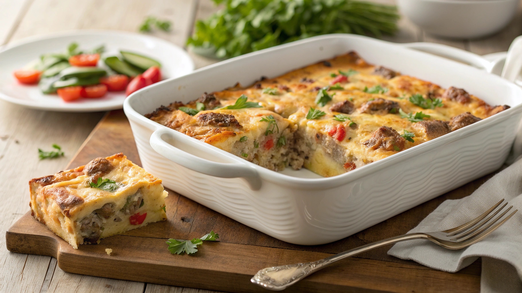 Breakfast casserole in white baking dish golden brown bubbling cheese sausage vegetables portion removed showing layers morning light