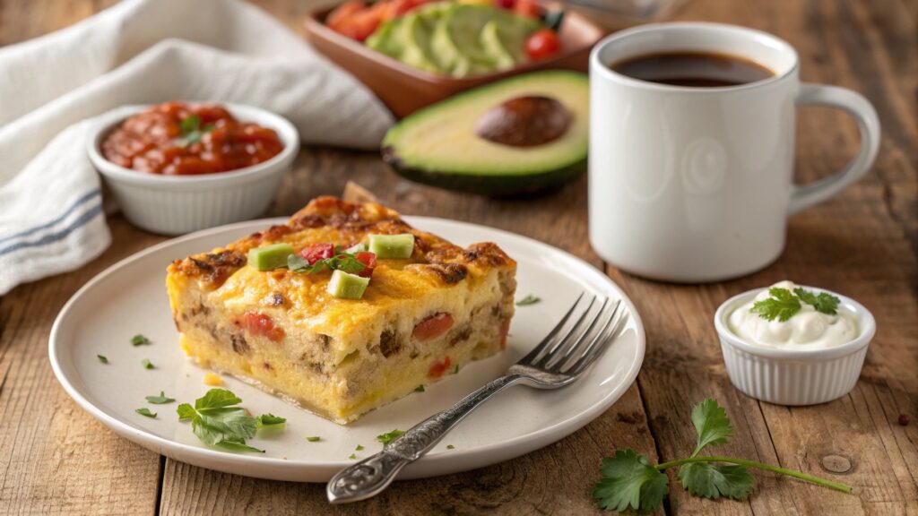 Breakfast casserole square portion on white plate with parsley salsa sour cream avocado fork cutting in showing layers coffee mug