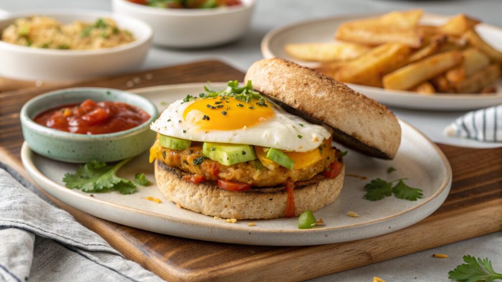 Breakfast veggie burger hash brown patty fried egg runny yolk cheddar cheese avocado salsa English muffin home fries morning meal