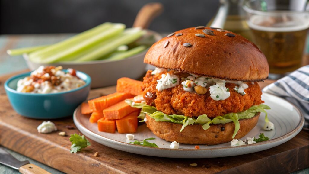 Buffalo cauliflower veggie burger orange red color on brioche bun blue cheese ranch lettuce celery pickles spicy wing style buffalo sauce