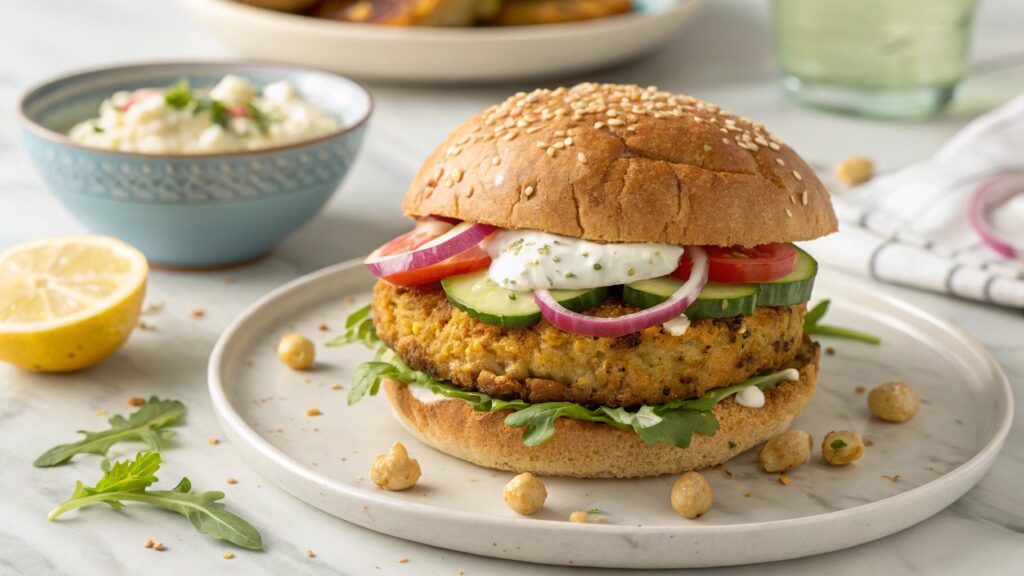 Chickpea quinoa veggie burger on whole wheat bun with tzatziki cucumber tomato feta arugula Greek salad Mediterranean style