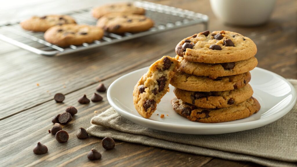Stack of chocolate chip cookies on white plate with glass of milk broken cookie showing chewy interior golden brown edges table
