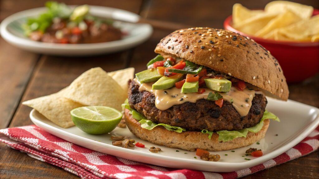Black bean veggie burger on sesame bun with pepper jack cheese avocado pico de gallo chipotle mayo lettuce tortilla chips side