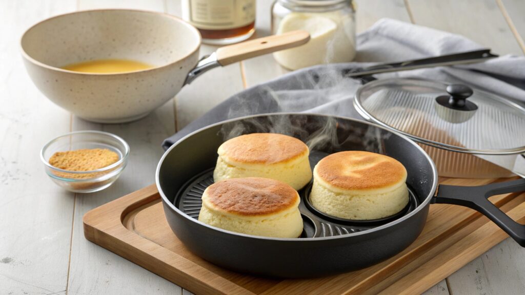 Three Japanese souffle pancakes cooking in ring molds on pan rising tall steam visible glass lid spatula kitchen stovetop