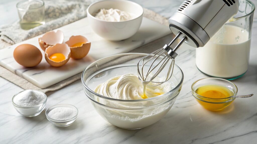 Hand mixer whipping egg whites into stiff peaks meringue in glass bowl egg yolks sugar marble counter souffle pancake tutorial