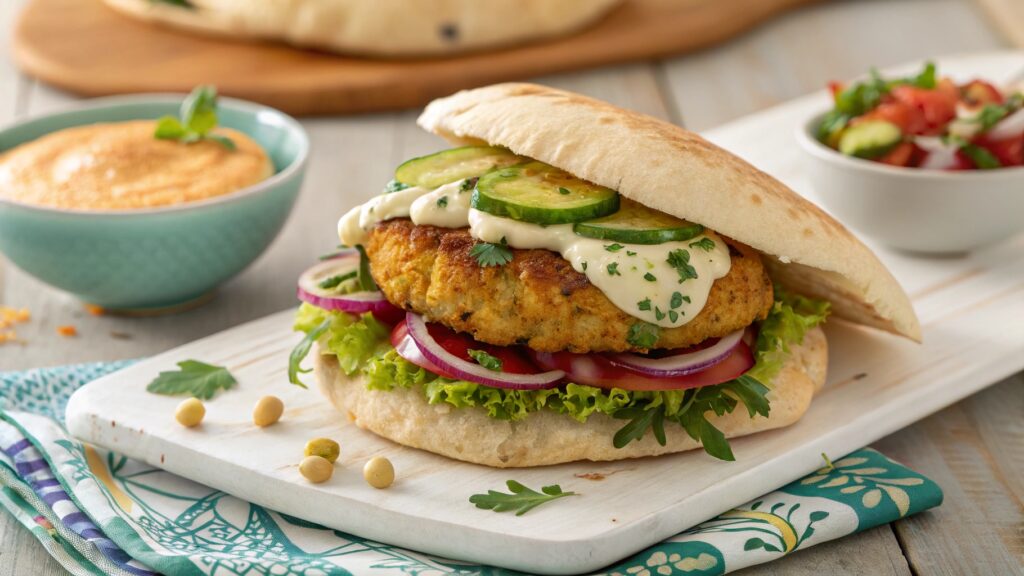 Falafel style chickpea veggie burger on pita bread with tahini hummus cucumber tomato pickled onions mint Mediterranean herbs