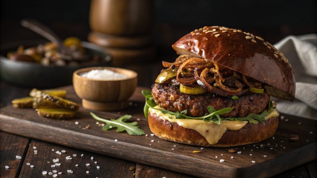 Mushroom walnut veggie burger on pretzel bun dark meaty texture caramelized onions Swiss cheese arugula pickles steak fries side