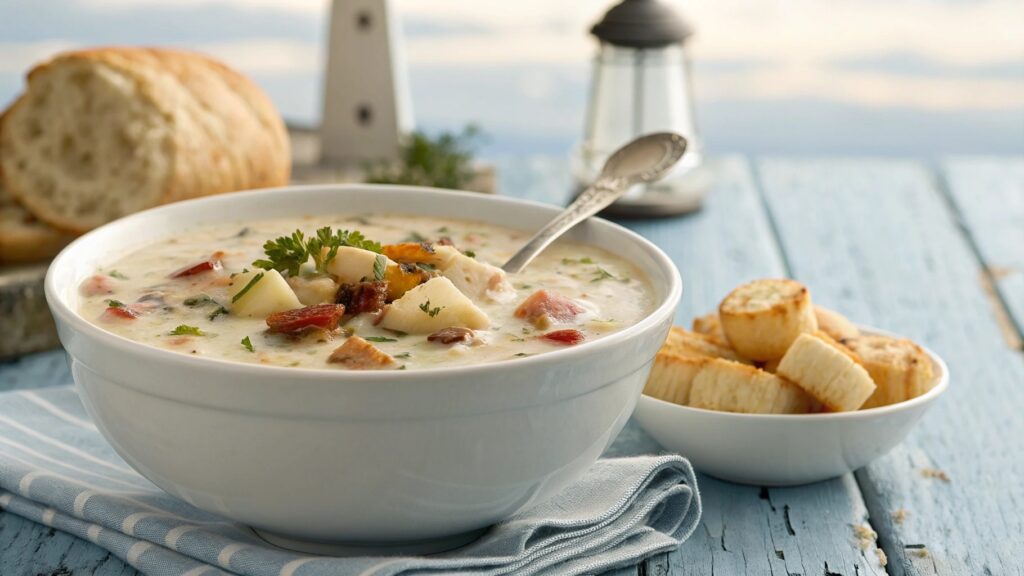 New England clam chowder in white bowl creamy with clams potatoes bacon oyster crackers bread coastal table nautical setting